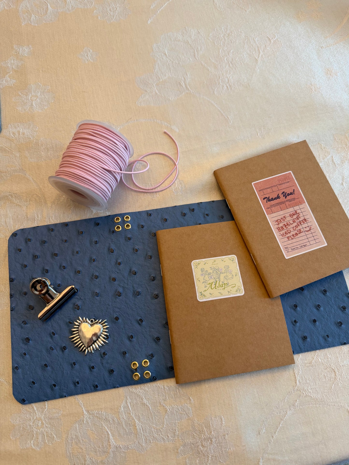 A6 Blue Ostrich Faux Leather Trifold(Heart)