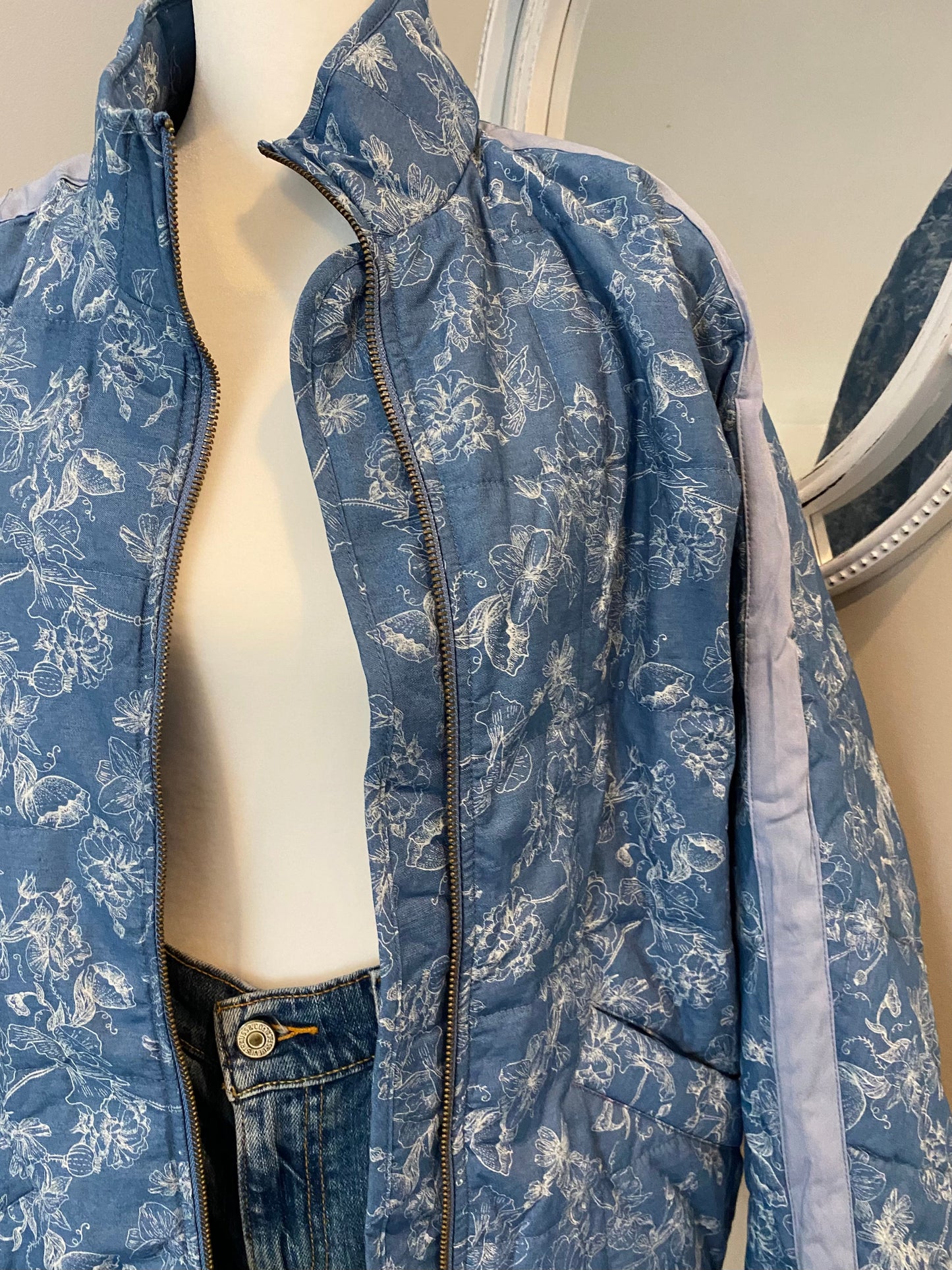 Floral Printed Dolman Quilted Denim Jacket