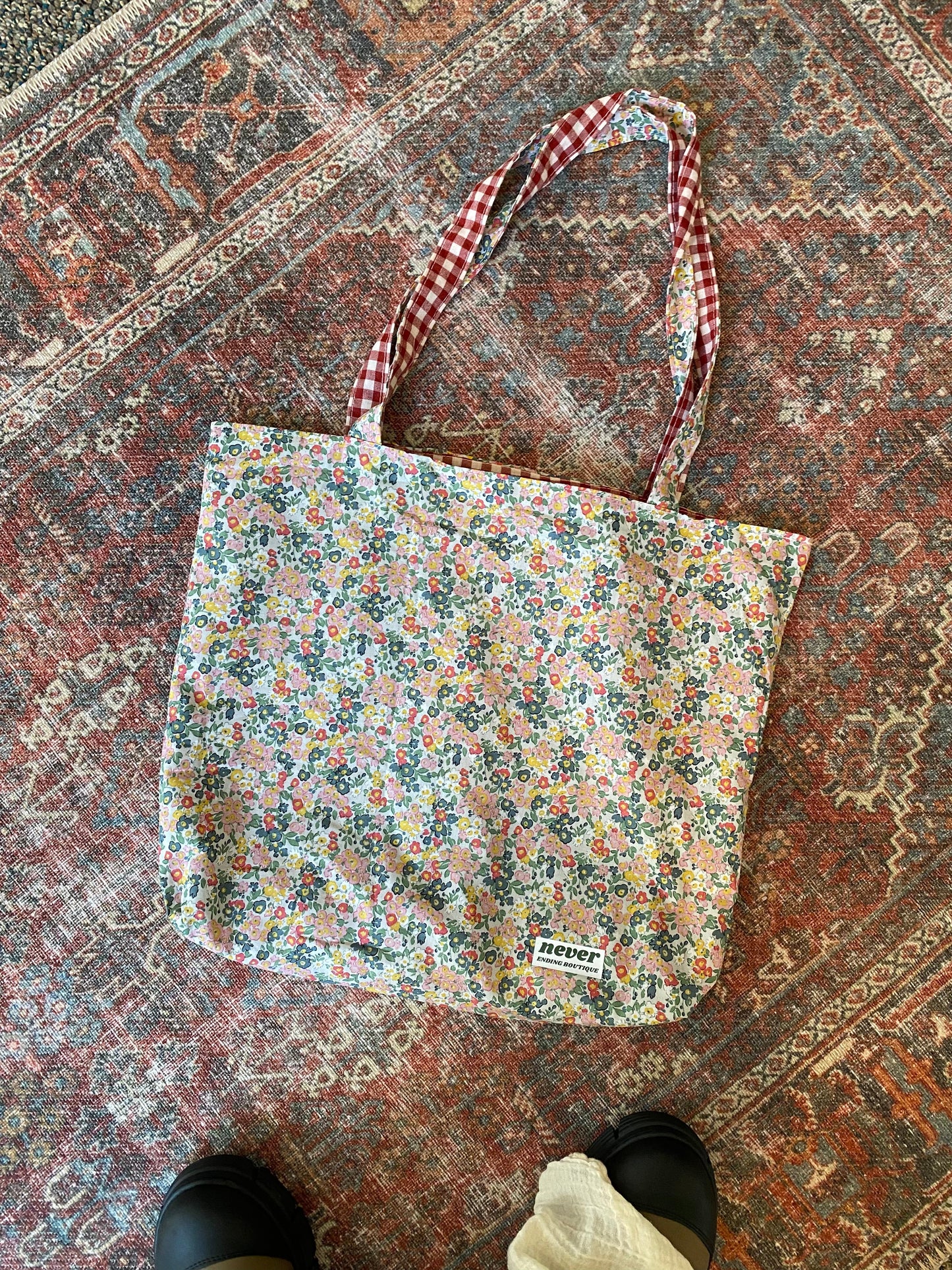 Never Ending Boutique Reversible Floral/Gingham Tote Bag