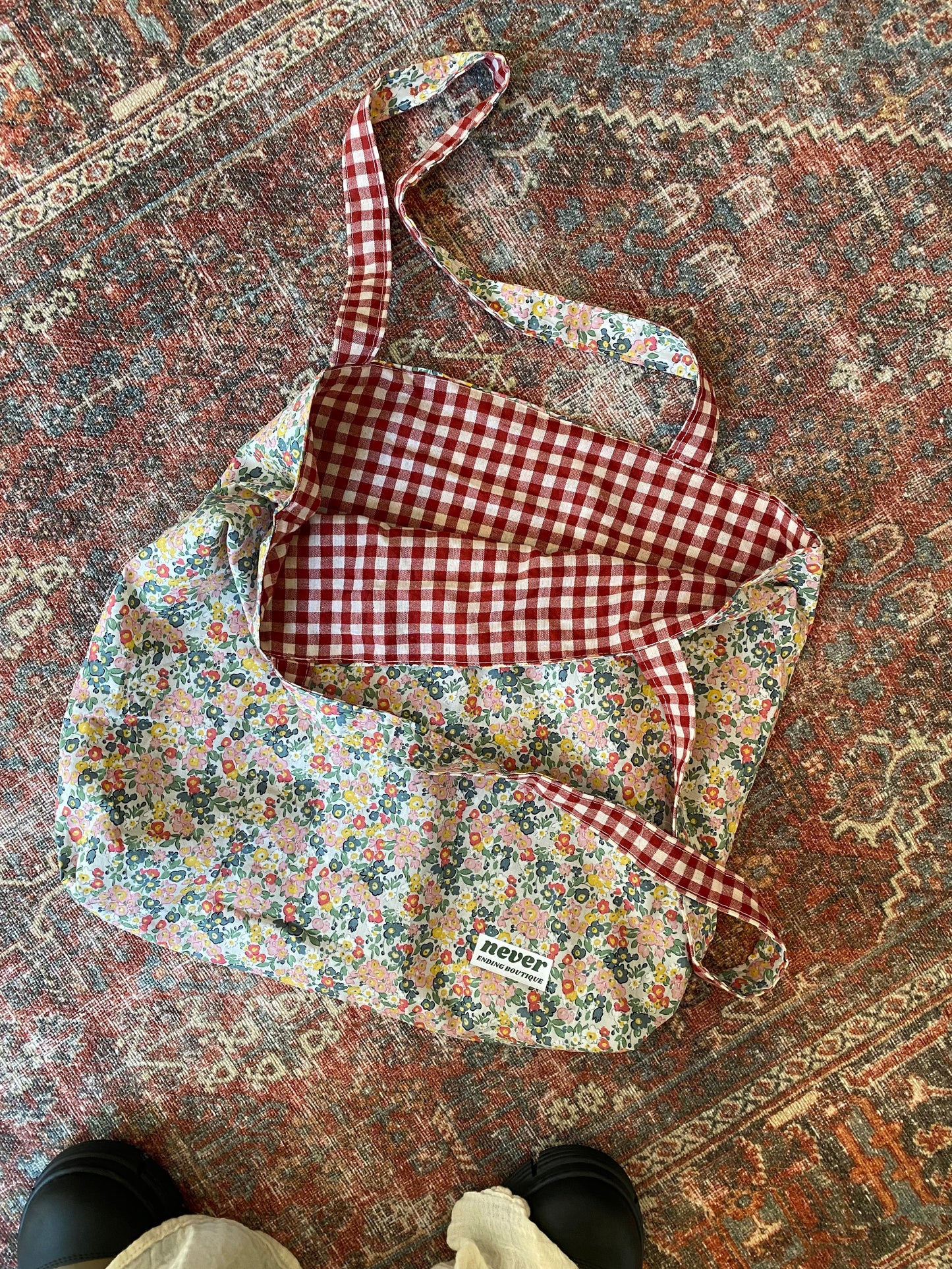 Never Ending Boutique Reversible Floral/Gingham Tote Bag