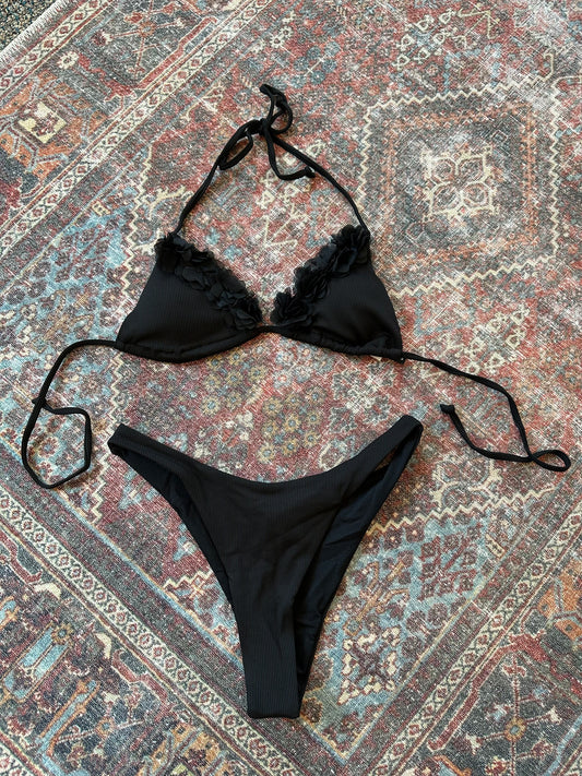Floral Trim Triangle Bikini Set