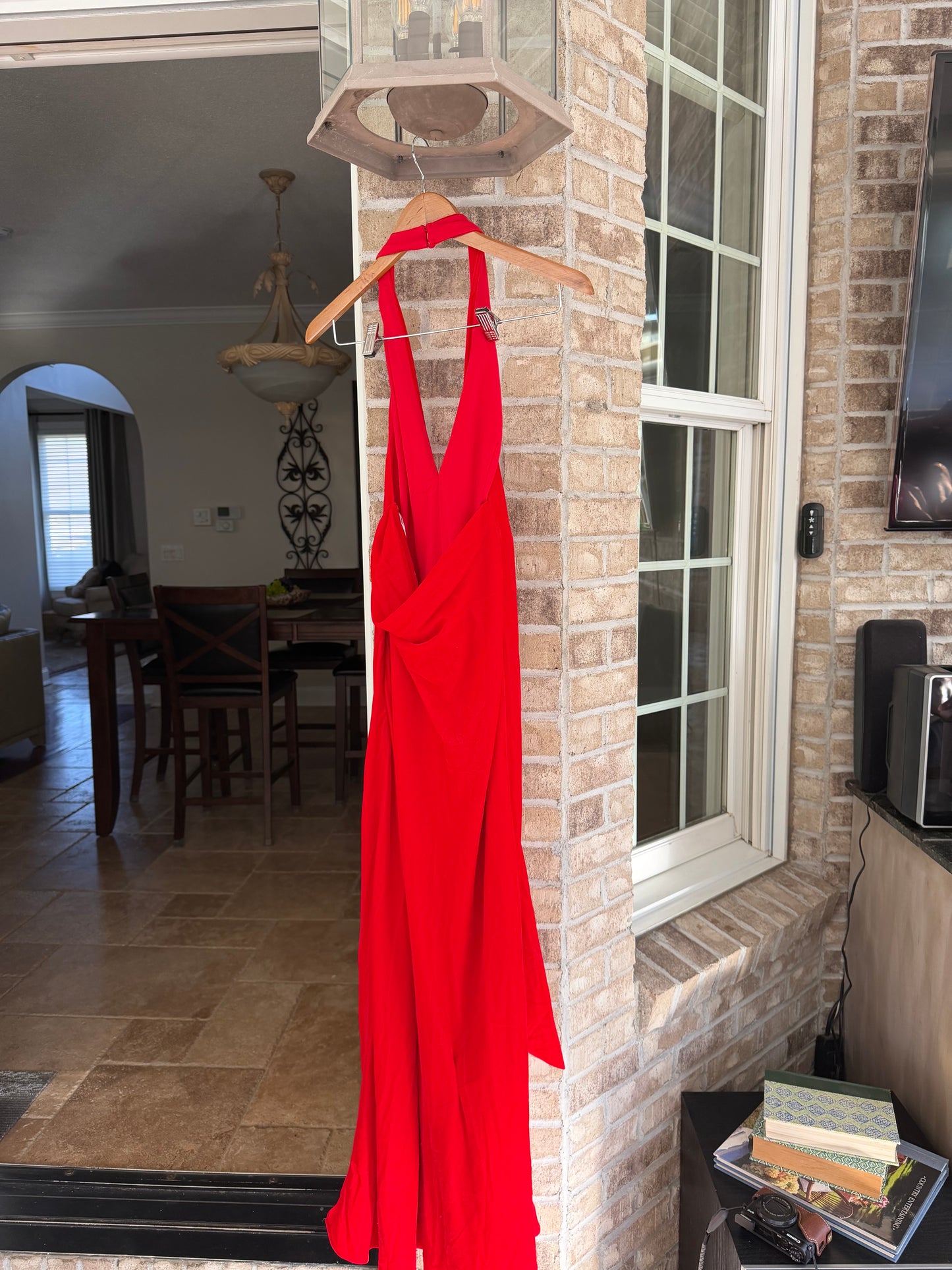 Arrange Red Halter Neck Plunge Velvet Maxi
Dress