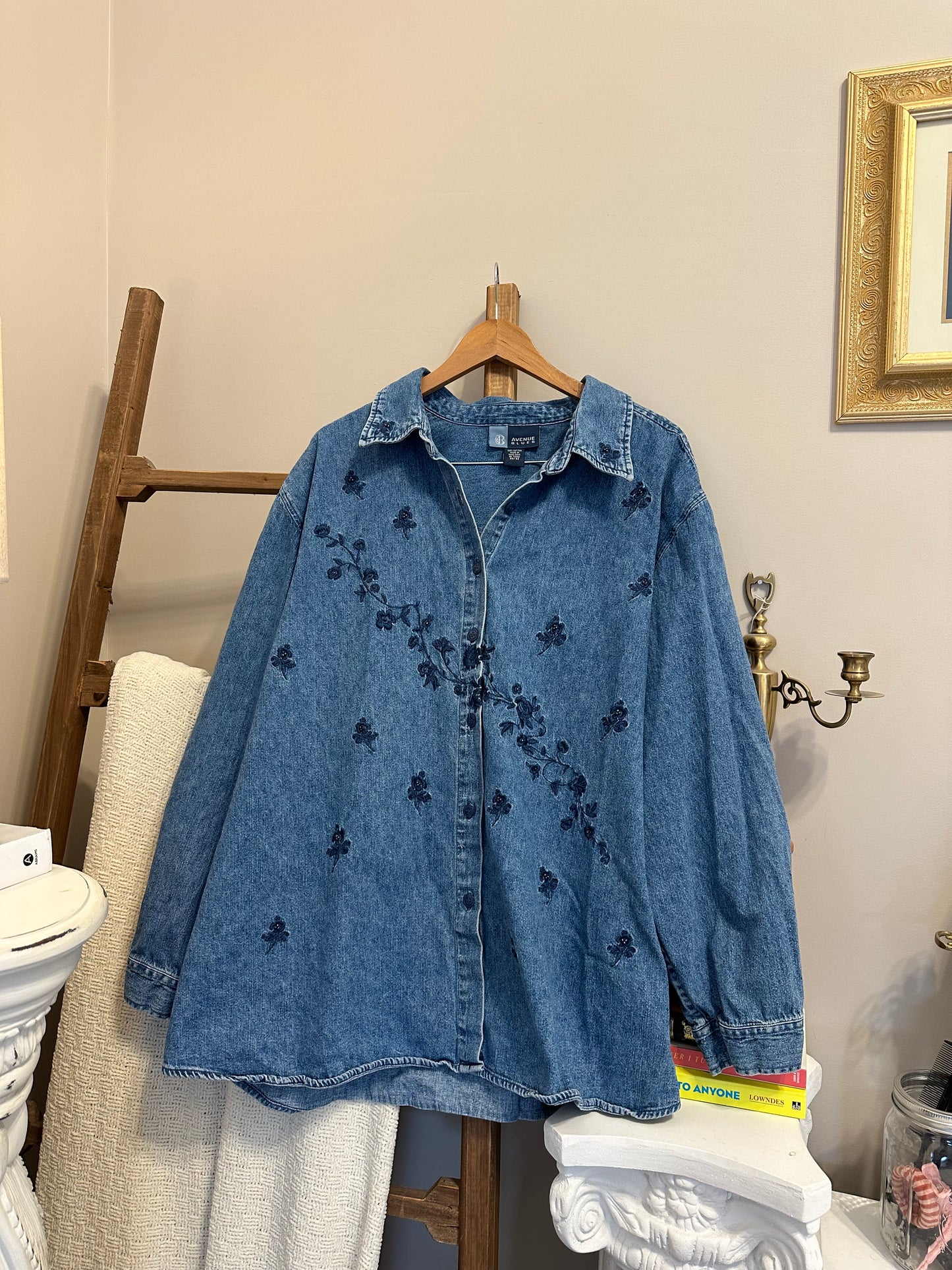 Denim Shirt with Flower Embroidery