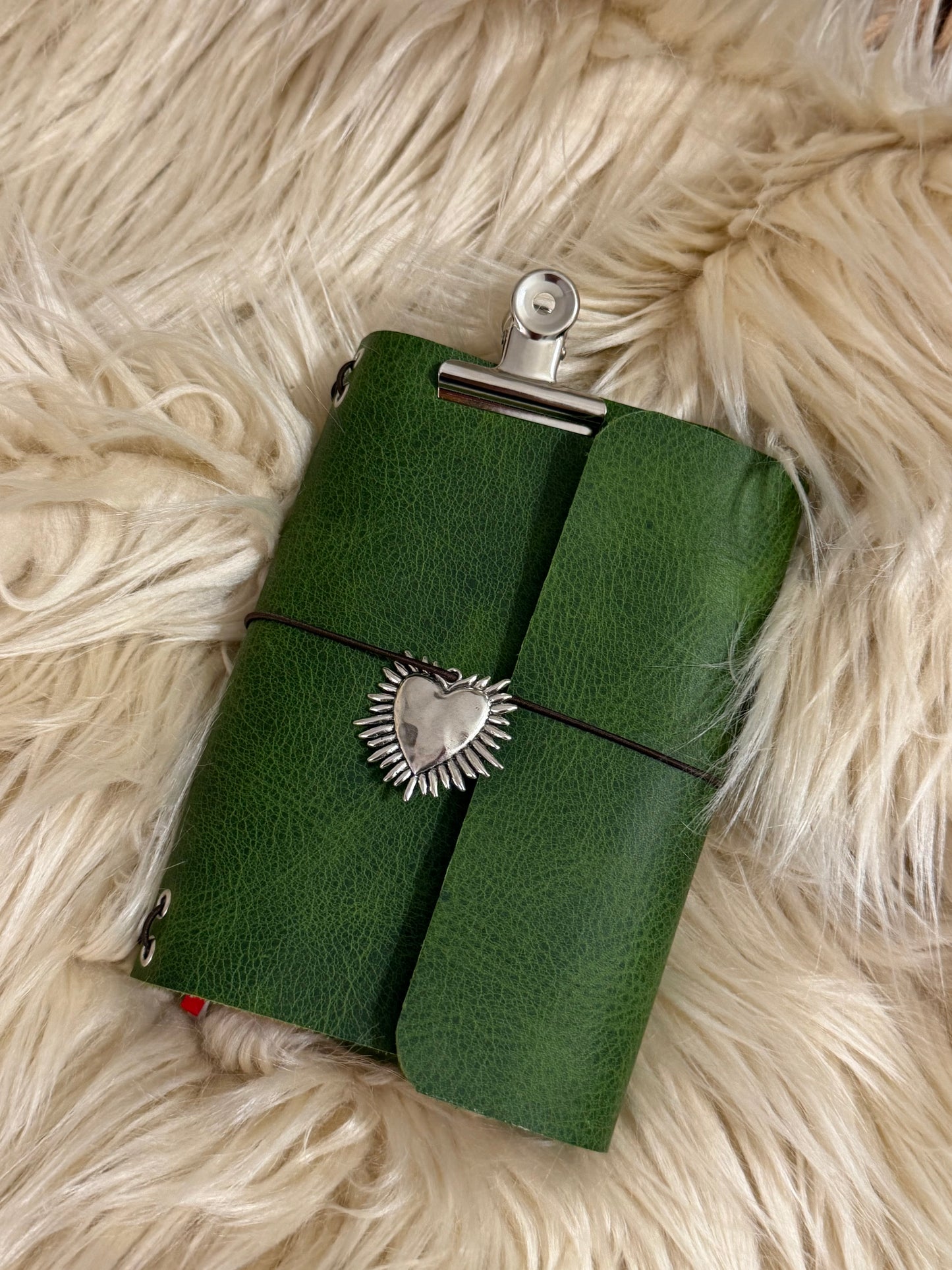 A6 Green Leather Trifold (Heart)