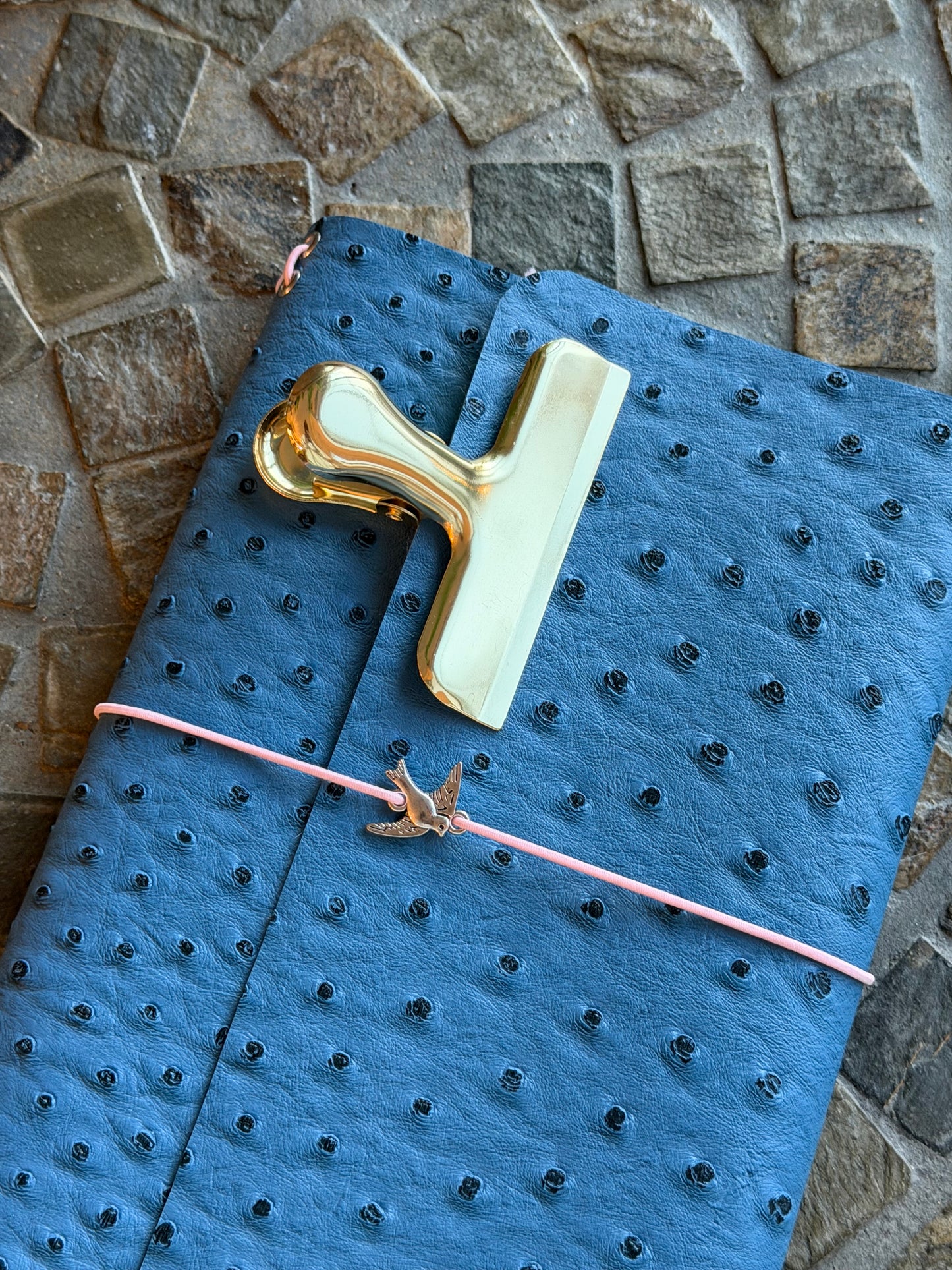 A5 Blue Ostrich Faux Leather Trifold