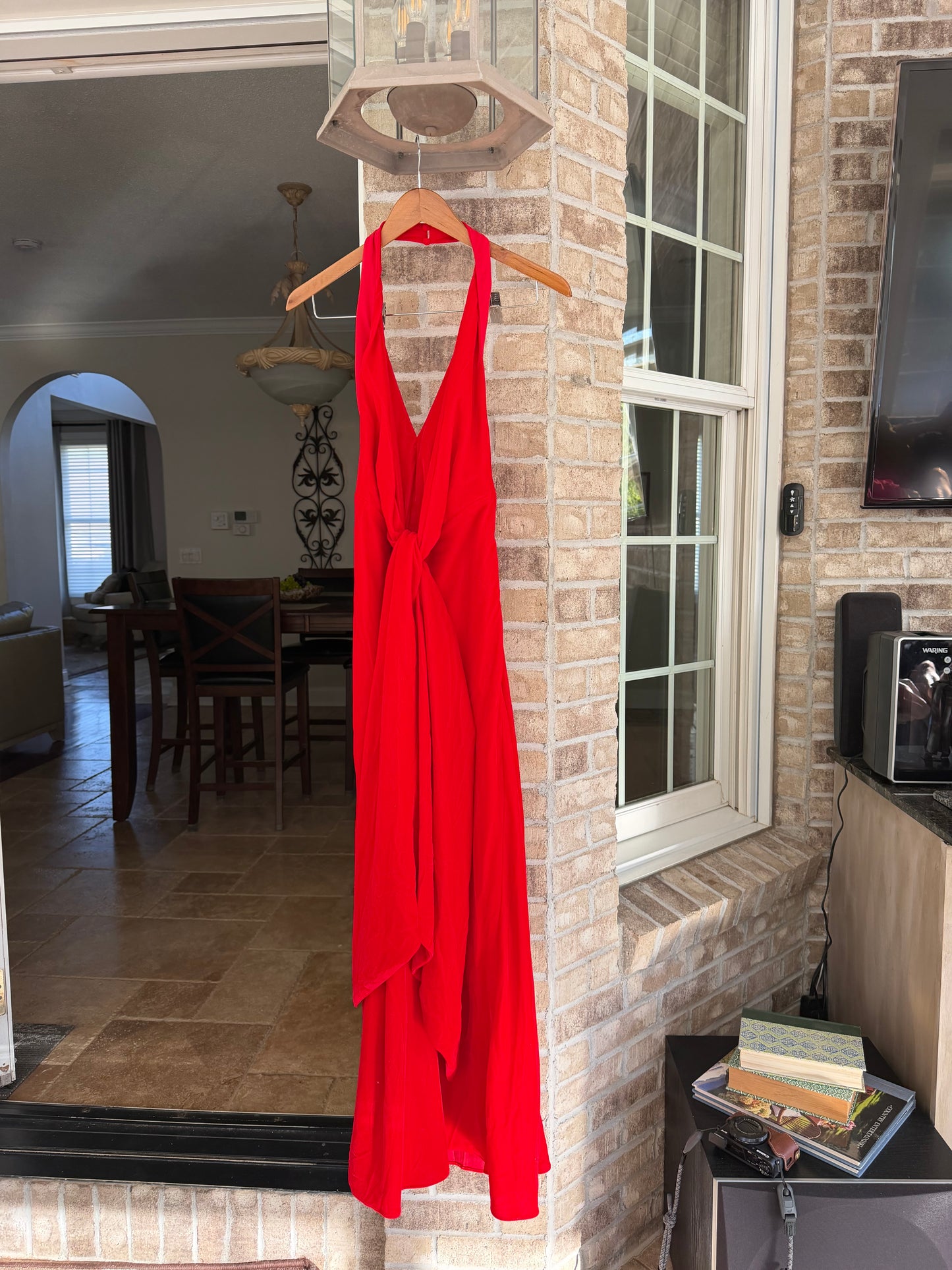 Arrange Red Halter Neck Plunge Velvet Maxi
Dress