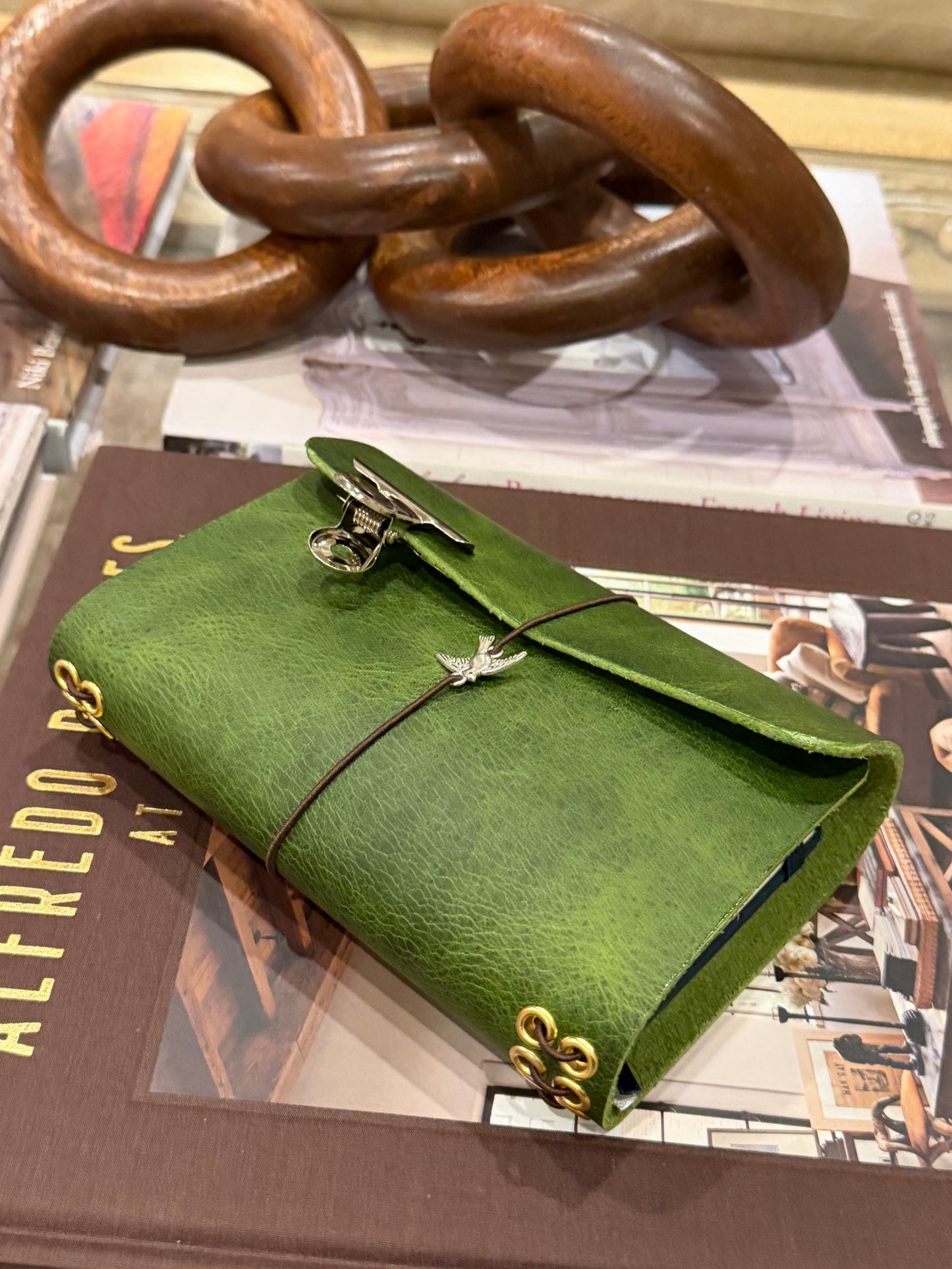 A6 Green Leather Trifold (Swallow Bird)