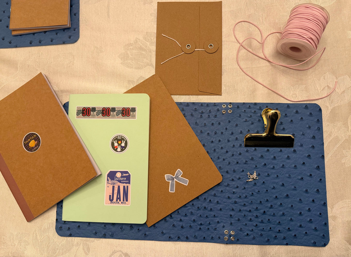 A5 Blue Ostrich Faux Leather Trifold