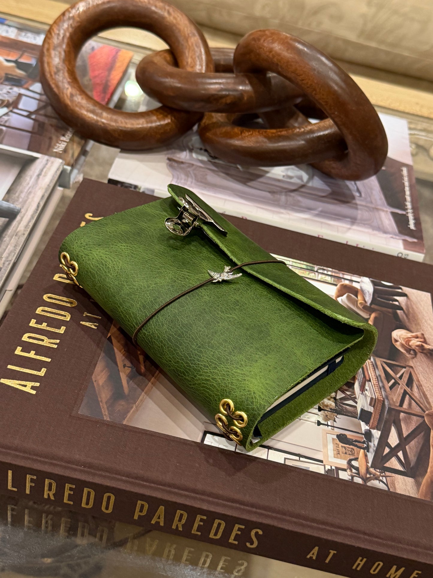 A6 Green Leather Trifold (Swallow Bird)