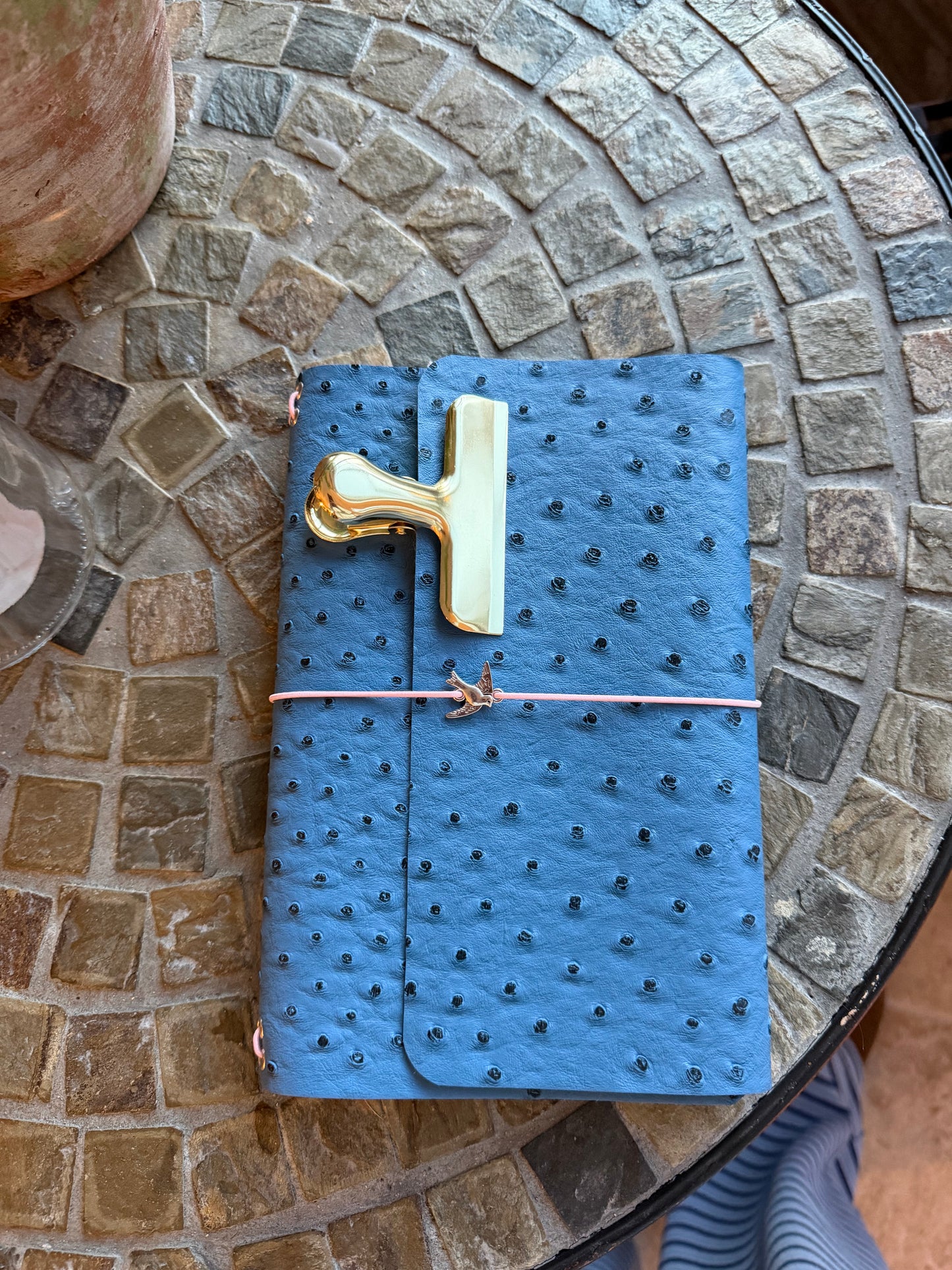 A5 Blue Ostrich Faux Leather Trifold