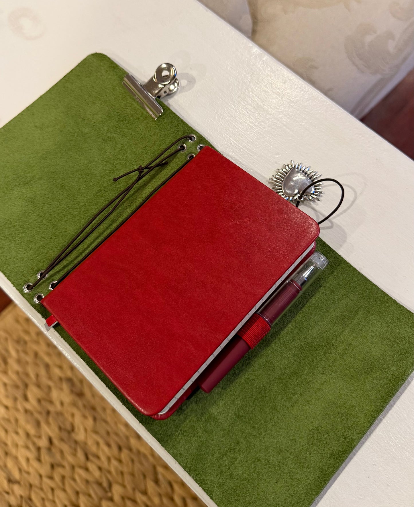 A6 Green Leather Trifold (Heart)