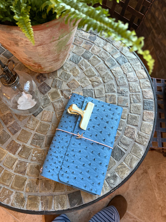 A5 Blue Ostrich Faux Leather Trifold