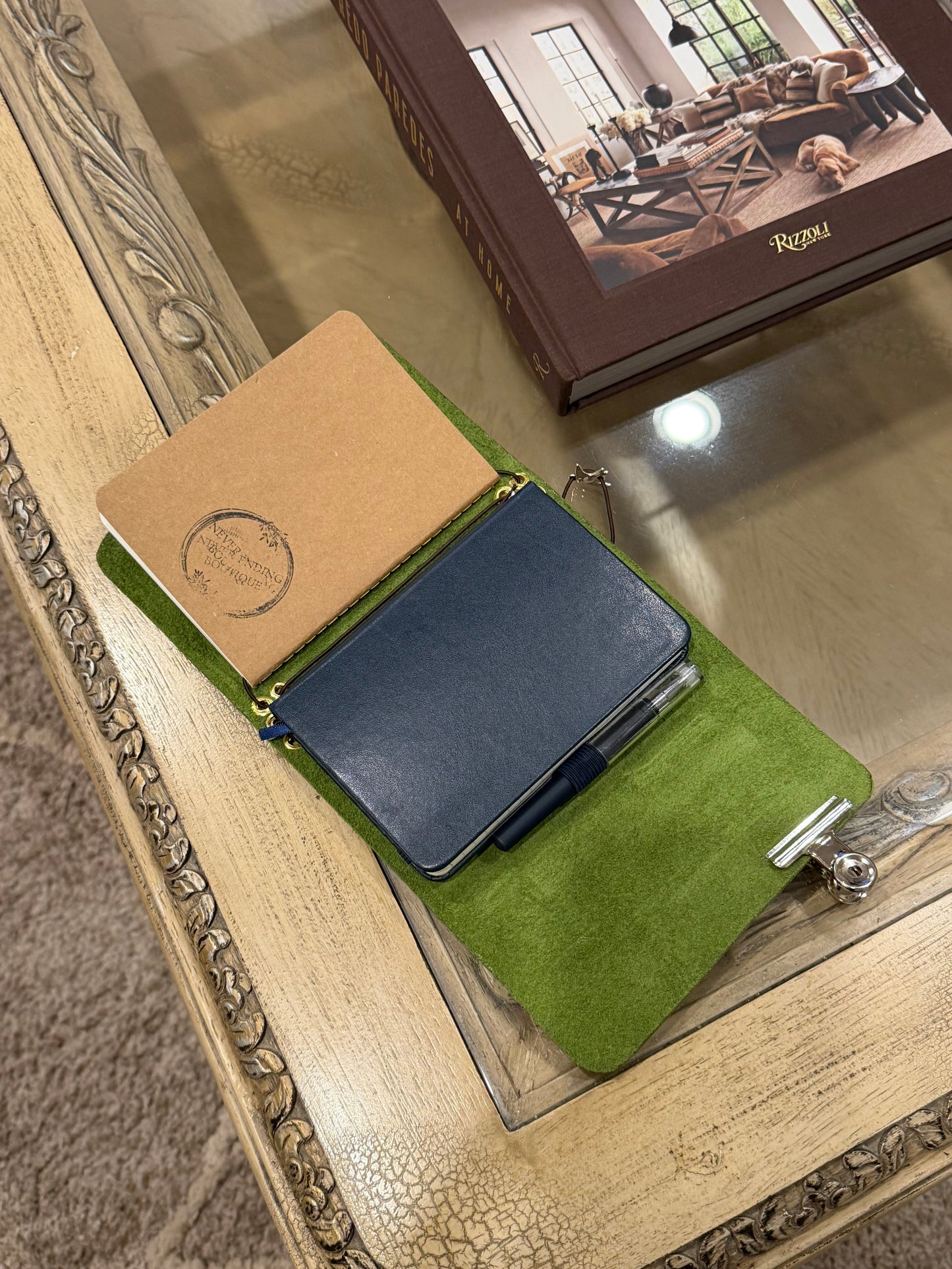 A6 Green Leather Trifold (Swallow Bird)