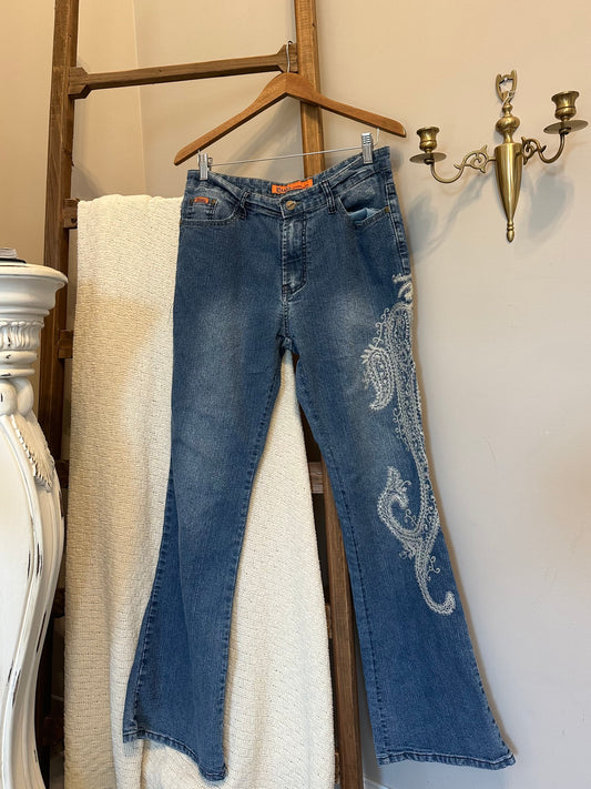 Embroidered Wide Leg Jean Pants