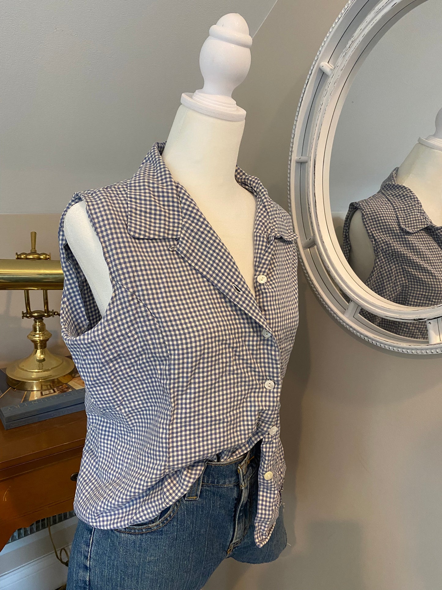 Vintage Blue Gingham Button Up Top