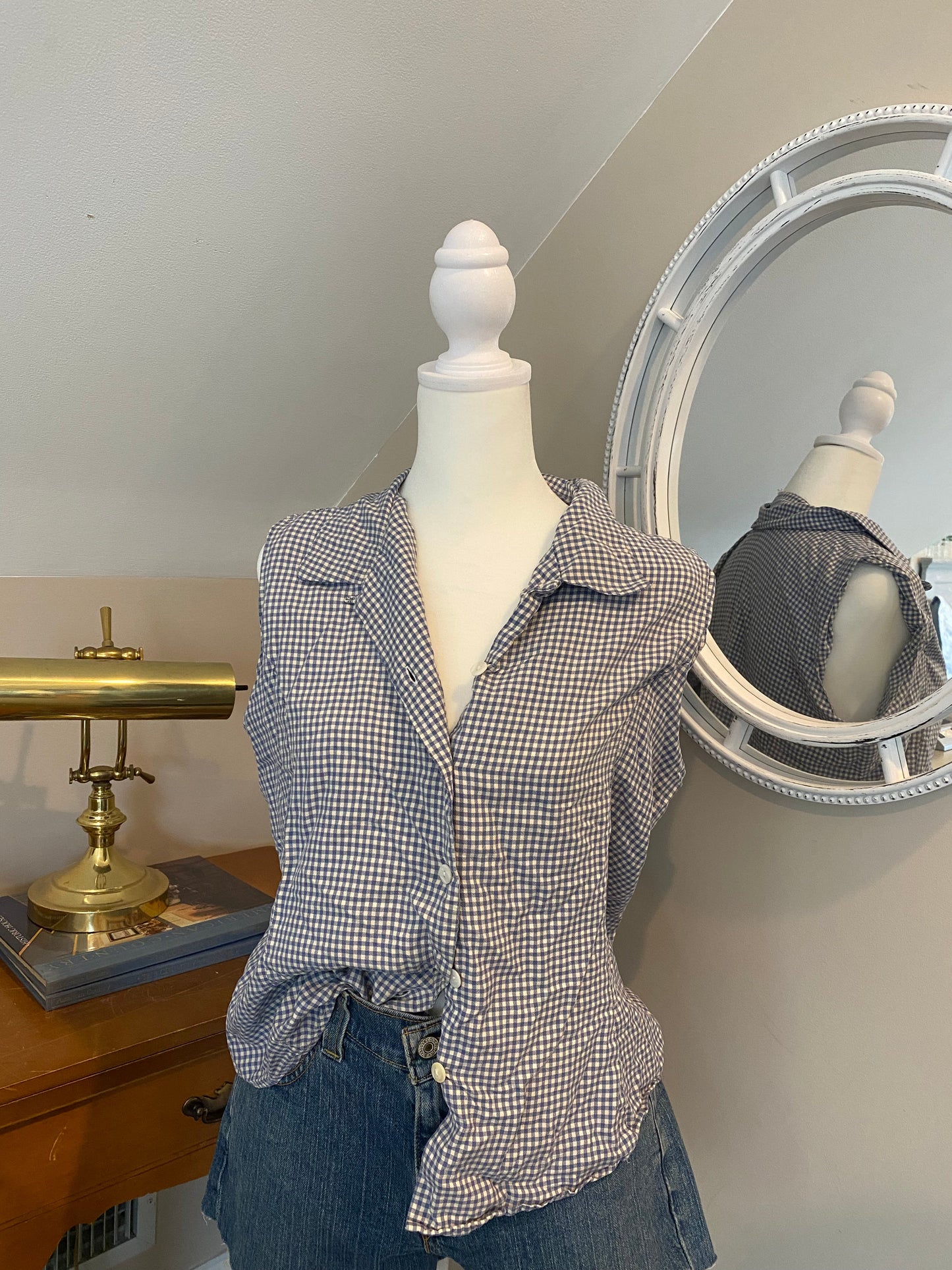 Vintage Blue Gingham Button Up Top