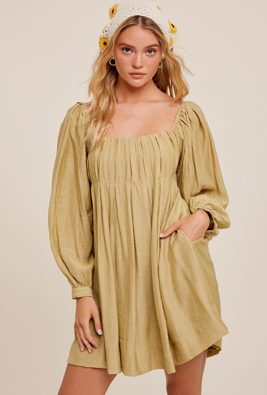 Pleated Square Neck Babydoll Dress