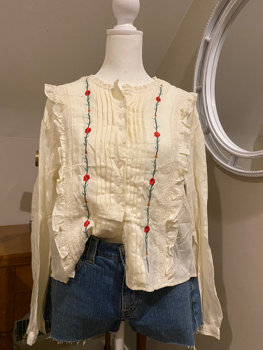 Flowers Embroidery Pleated Patchwork Blouse Button Up Top